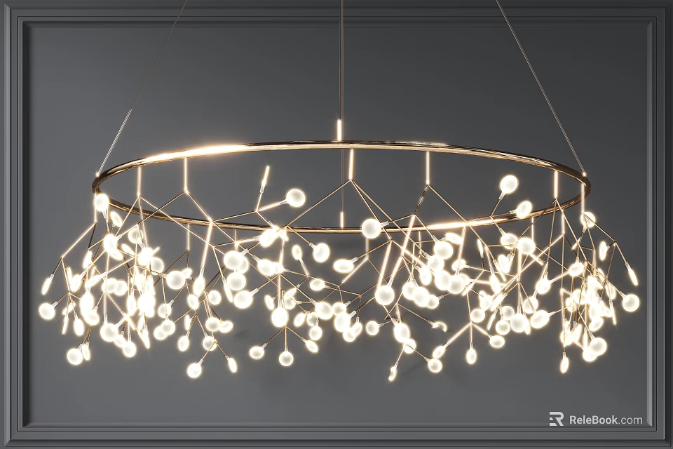 Modern Elegant Chandelier With Circular Frame And Branch Like White Spherical Bulbs 3d model 