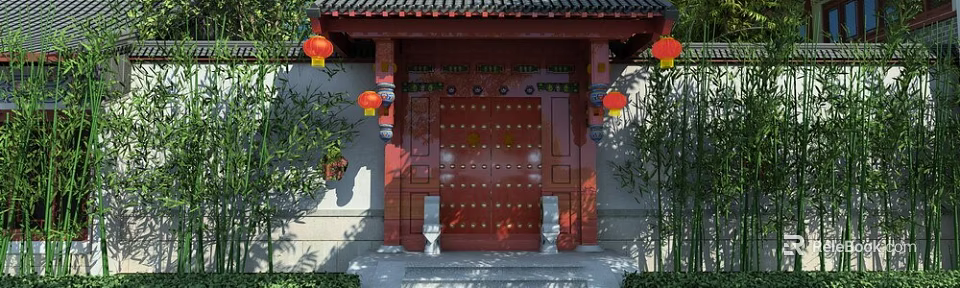 Traditional Chinese Style Red Entrance Gate With Carved Decorations Red Lanterns And Bamboo Plants 3d model 