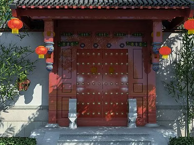 Traditional Chinese Style Red Entrance Gate With Carved Decorations Red Lanterns And Bamboo Plants 3d model