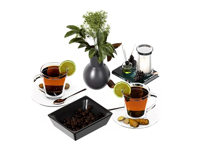 Decorative Ornament Set With Tea Cups Lemon Slices Vase Green Plant Coffee Beans Pine Cones 3d model