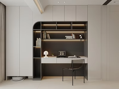 Modern Bookcase with Lighted Shelves and Desk in Home Office Interior Design 3d model