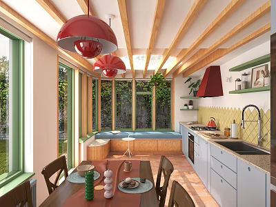 Rustic Restaurant Interior Design With Red Pendant Lights Wooden Beams And Large Windows 3d model