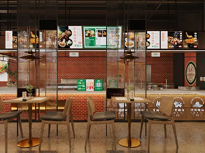 Modern Restaurant Interior With Brick Wall Wooden Tables Pendant Lights And Menu Screens 3d model