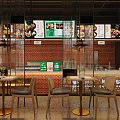 Modern Restaurant Interior With Brick Wall Wooden Tables Pendant Lights And Menu Screens