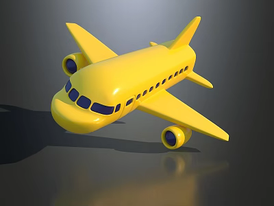 Yellow Cartoon Style Passenger Plane Model with Blue Windows and Twin Engines on Gray Background 3d model