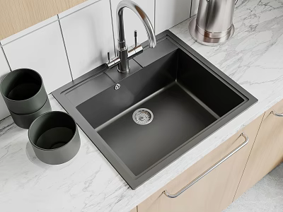 Black Kitchen Sink with Modern Faucet on Marble Countertop and Wooden Cabinets 3d model