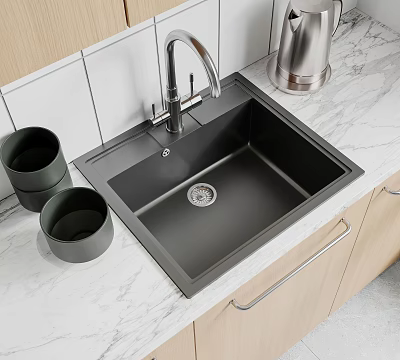 Black Kitchen Sink with Modern Faucet on Marble Countertop and Wooden Cabinets 3d model