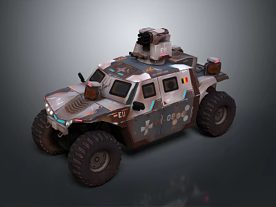 Armored Military Vehicle With Large Off Road Tires And Roof Mounted Equipment 3d model