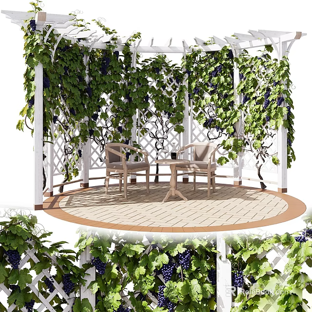 Green Plants Covered Pergola With Grape Vines Wooden Chairs And Table 3d model 