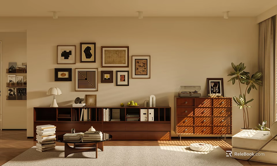 Modern Wooden TV Stand With Framed Wall Art Side Cabinet And Potted Plant 3d model 