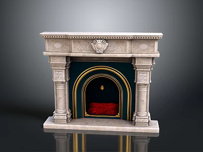 Classical Stone Fireplace With Carved Mantel And Dark Interior Red Accents 3d model