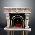 Classical Stone Fireplace With Carved Mantel And Dark Interior Red Accents