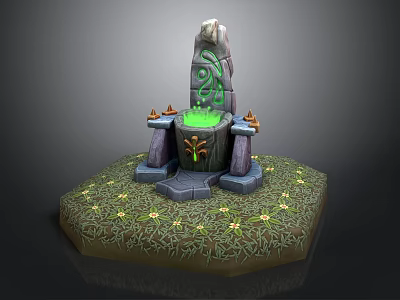 Mystical Landscape With Ancient Stone Pedestal Carved Runes Green Liquid Small Towers Grass And Flowers 3d model