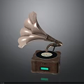 Vintage Gramophone With Brass Horn Wooden Base Turntable And Vinyl Record