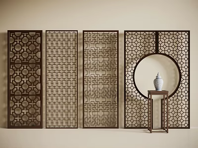 Carved Wooden Screens with Intricate Patterns and Decorative Vase on Stand 3d model