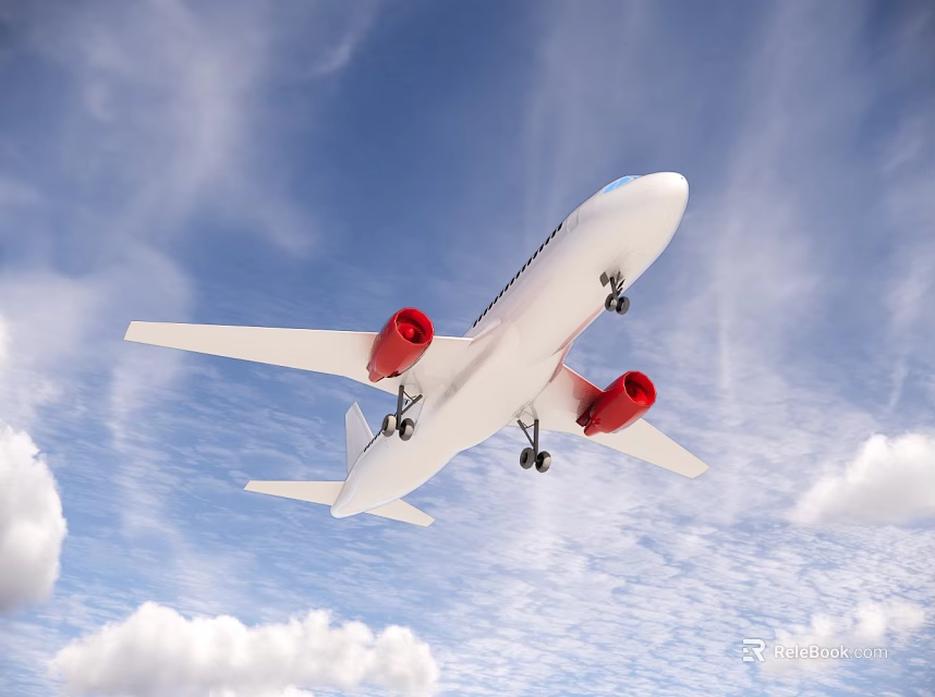 White Passenger Airplane With Red Engines Flying In Blue Sky With Clouds 3d model 