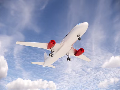 White Passenger Airplane With Red Engines Flying In Blue Sky With Clouds 3d model
