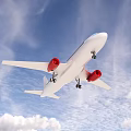 White Passenger Airplane With Red Engines Flying In Blue Sky With Clouds