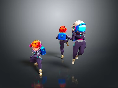 Three Astronaut Characters Running in Spacesuits with Orange Red Blue Helmets on Dark Reflective Ground 3d model