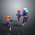 Three Astronaut Characters Running in Spacesuits with Orange Red Blue Helmets on Dark Reflective Ground