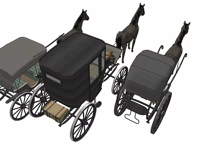Antique Horse-Drawn Carriages With Black Carriage Bodies And Wooden Spoked Wheels 3d model
