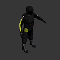 Man In Tactical Gear With Black Helmet Balaclava Red Eyes And Yellow Striped Arms