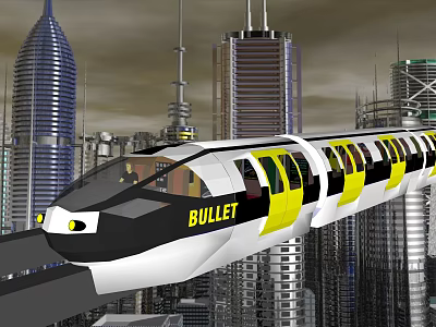 Modern Bullet Train With White And Yellow Exterior Moving Through City Skyscrapers 3d model