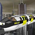 Modern Bullet Train With White And Yellow Exterior Moving Through City Skyscrapers
