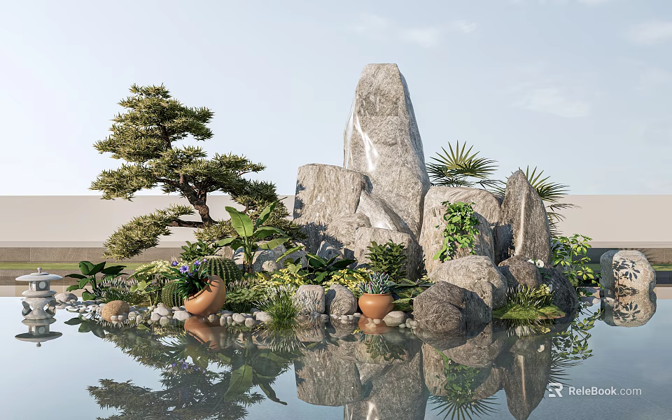 Garden Ornamental Display with Rock Formation Pine Tree Palm Plants Terracotta Pots and Pond Reflections 3d model 