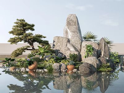 Garden Ornamental Display with Rock Formation Pine Tree Palm Plants Terracotta Pots and Pond Reflections 3d model