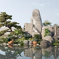 Garden Ornamental Display with Rock Formation Pine Tree Palm Plants Terracotta Pots and Pond Reflections