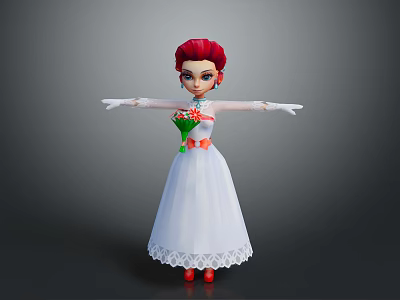 Animated Woman with Red Hair Wearing White Dress Gloves and Flower Bouquet on Gray Background 3d model
