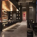 Modern Bar Interior Design With Leather Stools Counter Bottle Shelves And Ambient Lighting 3d model