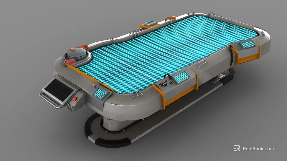 Futuristic Mobile Tech Platform With Blue Grid Surface Control Panel Orange Accents And Wheels 3d model