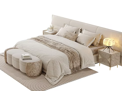 Double Bed With Upholstered Headboard Beige Bedding Multiple Pillows Nightstands Table Lamp Ottoman Book Rug 3d model