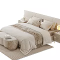 Double Bed With Upholstered Headboard Beige Bedding Multiple Pillows Nightstands Table Lamp Ottoman Book Rug