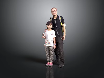 Full Length Portrait Of Man And Child Standing With Backpack And Cup 3d model