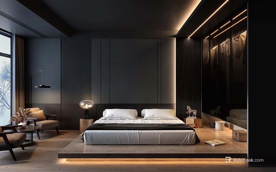 Modern Dark Bedroom Interior With Large Bed Armchair Wooden Flooring And Recessed Lighting 3d model 