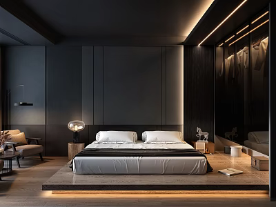 Modern Dark Bedroom Interior With Large Bed Armchair Wooden Flooring And Recessed Lighting 3d model