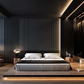 Modern Dark Bedroom Interior With Large Bed Armchair Wooden Flooring And Recessed Lighting