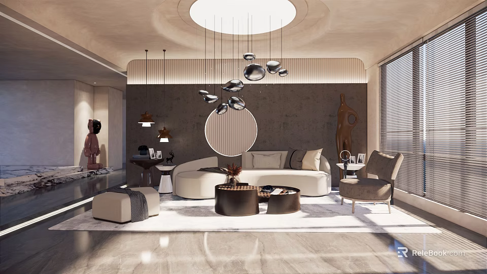 Modern Living Room With Curved Sofa Round Coffee Tables Circular Pendant Lights And Neutral Tones 3d model 