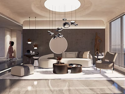 Modern Living Room With Curved Sofa Round Coffee Tables Circular Pendant Lights And Neutral Tones 3d model