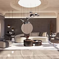Modern Living Room With Curved Sofa Round Coffee Tables Circular Pendant Lights And Neutral Tones
