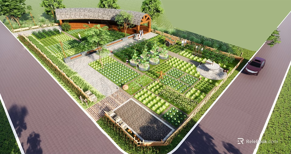 Scenic Garden Landscape With Arranged Plant Beds Cottage Pathway Lawn And Trees 3d model 