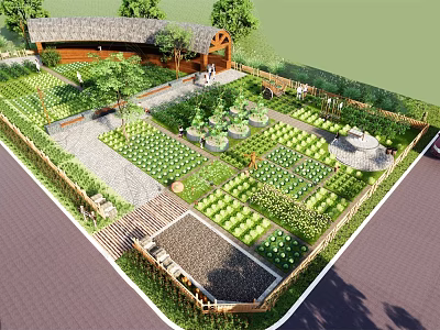 Scenic Garden Landscape With Arranged Plant Beds Cottage Pathway Lawn And Trees 3d model