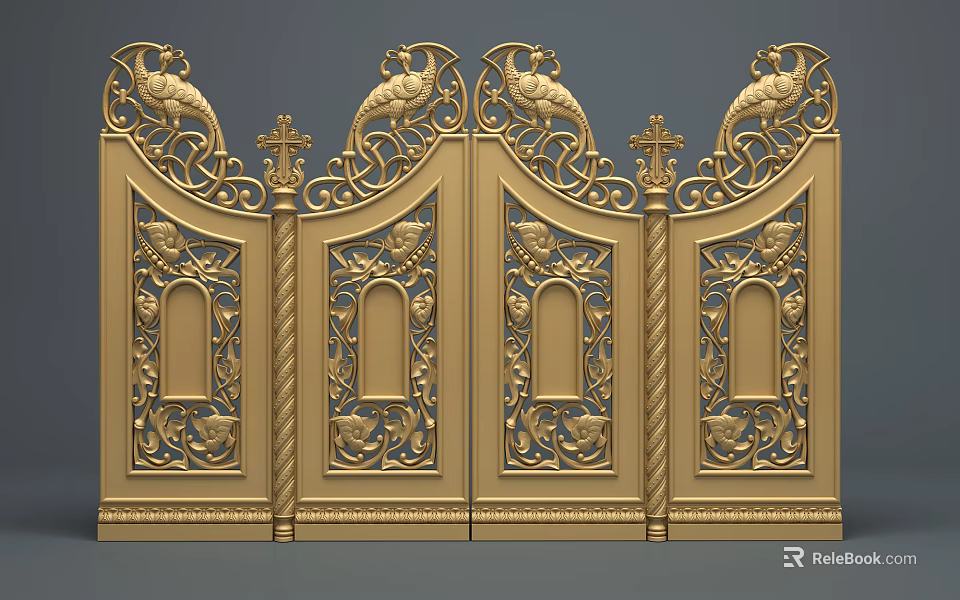 Ornate Golden Double Doors With Intricate Carved Patterns And Bird Decorations 3d model 
