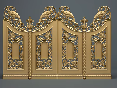 Ornate Golden Double Doors With Intricate Carved Patterns And Bird Decorations 3d model