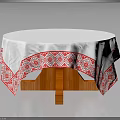 Round Table With White Tablecloth Red Geometric Pattern Embroidery And Wooden Base 3d model
