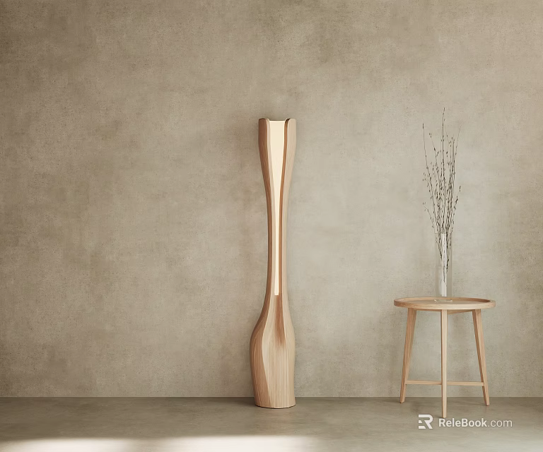 Modern Wooden Floor Lamp In Minimalist Interior With Side Stool And Vase 3d model 