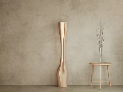 Modern Wooden Floor Lamp In Minimalist Interior With Side Stool And Vase 3d model